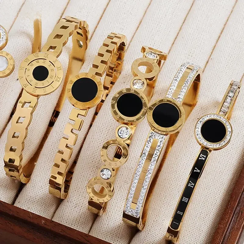 Zakol Mode römische Ziffern schwarz Scheibe Design Armbänder Gold Farbe Edelstahl Charme Zirkon