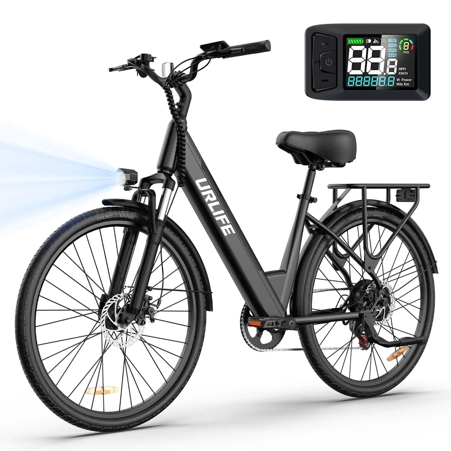 Urlife E26 Commuter E-Bike 26x2 Inch Tires 36V 13Ah Removable Battery LCD Display 7-Speeds Hydraulic Disc Brakes Electric Bike For Adults