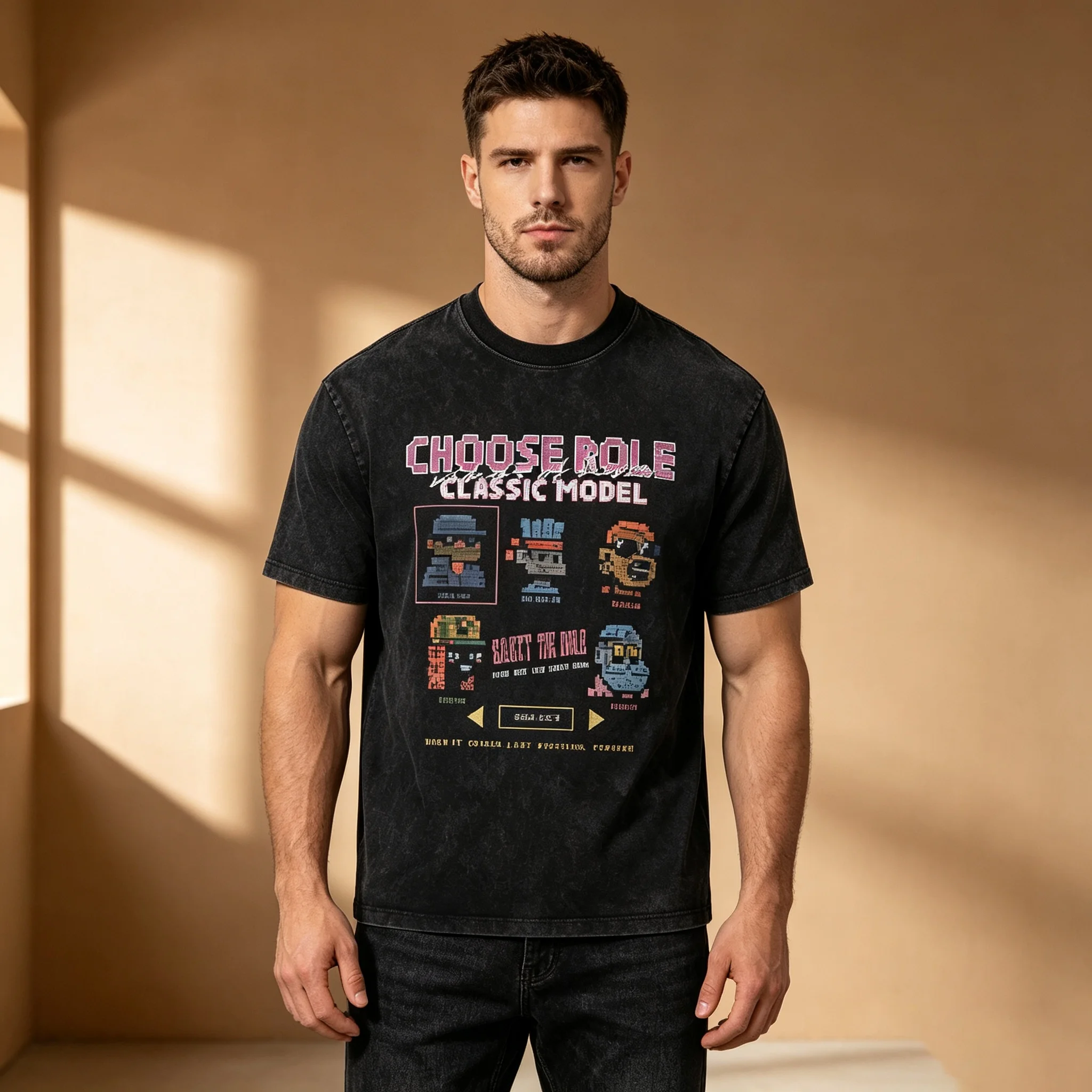 Men Vintage Washed Pixel Character Graphic T Shirt Retro Distressed Short Sleeve Streetwear Casual Tee