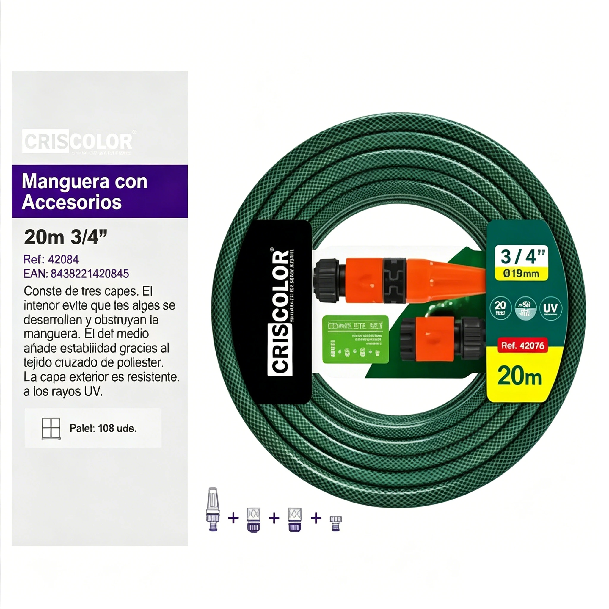 Manguera de Jardín de 20m con Accesorios, 3/4" (19mm), Anti-Enredos y Resistente a Rayos UV, para Riego y Limpieza
