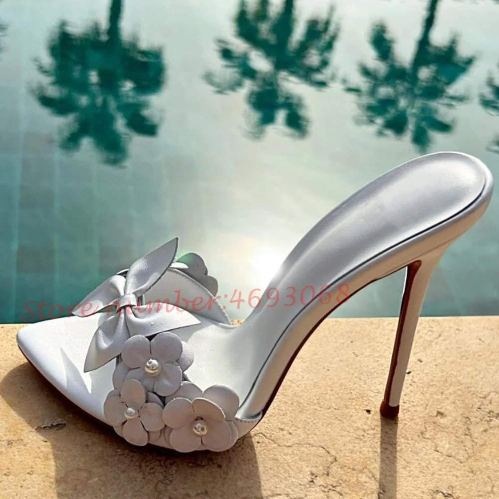 

Flowers Pearl Leather Heels Slippers Women Summer Pointy Toe White Pink Sweet High Thin Heels Shoes Sexy Ladies Outfit Slides