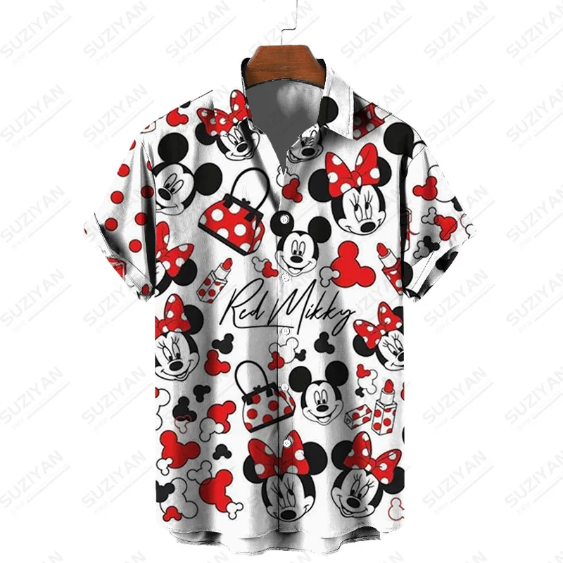 Verão nova disney mickey e minnie impressão dos desenhos animados chinês lapela camisa de manga curta casual doce estilo rua