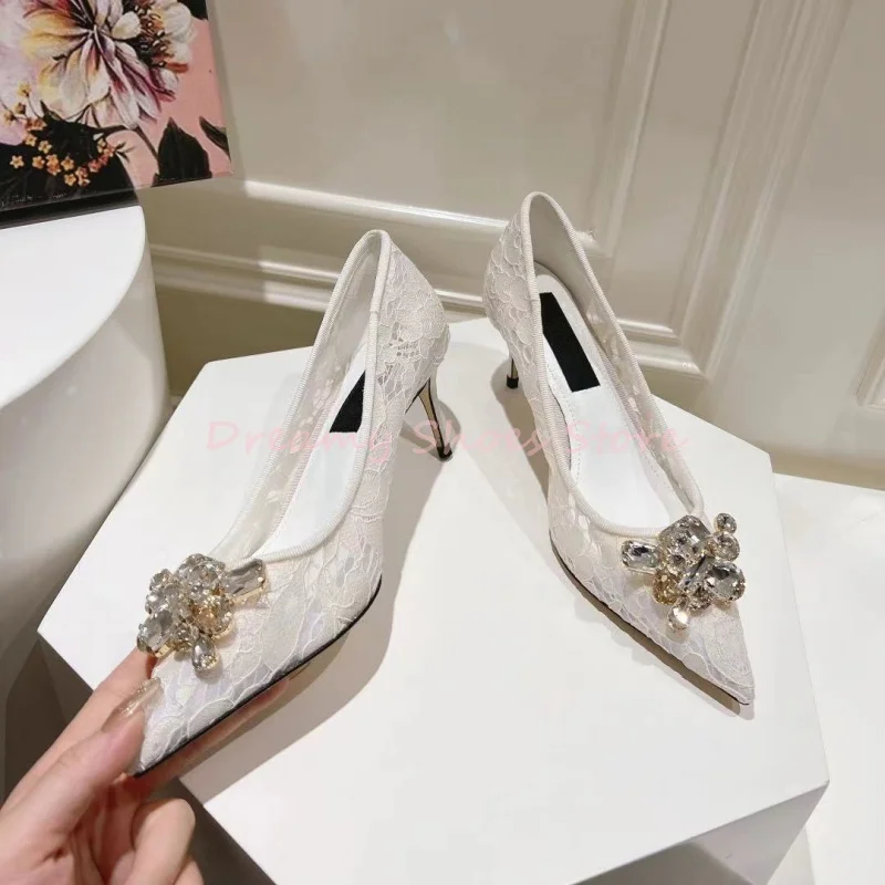 الوردي لامعة حجر الراين الدانتيل وأشار رقيقة عالية الكعب المرأة كريستال زهرة الانزلاق على مضخات فاخرة أنيقة مأدبة الزفاف فستان الأحذية #5