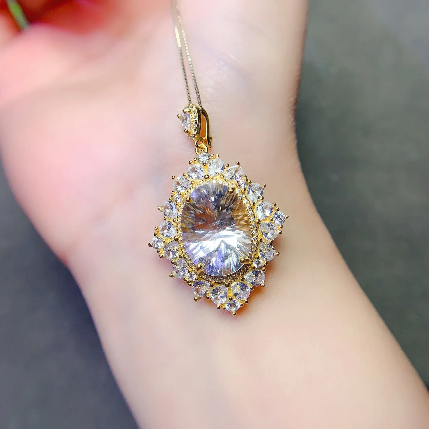 KJJEAXCMY Girl 12x16xmm Natural White Crystal Large Gemstone Pendant 925 Pure Silver Electroplated Gold Clearance Sale Gift
