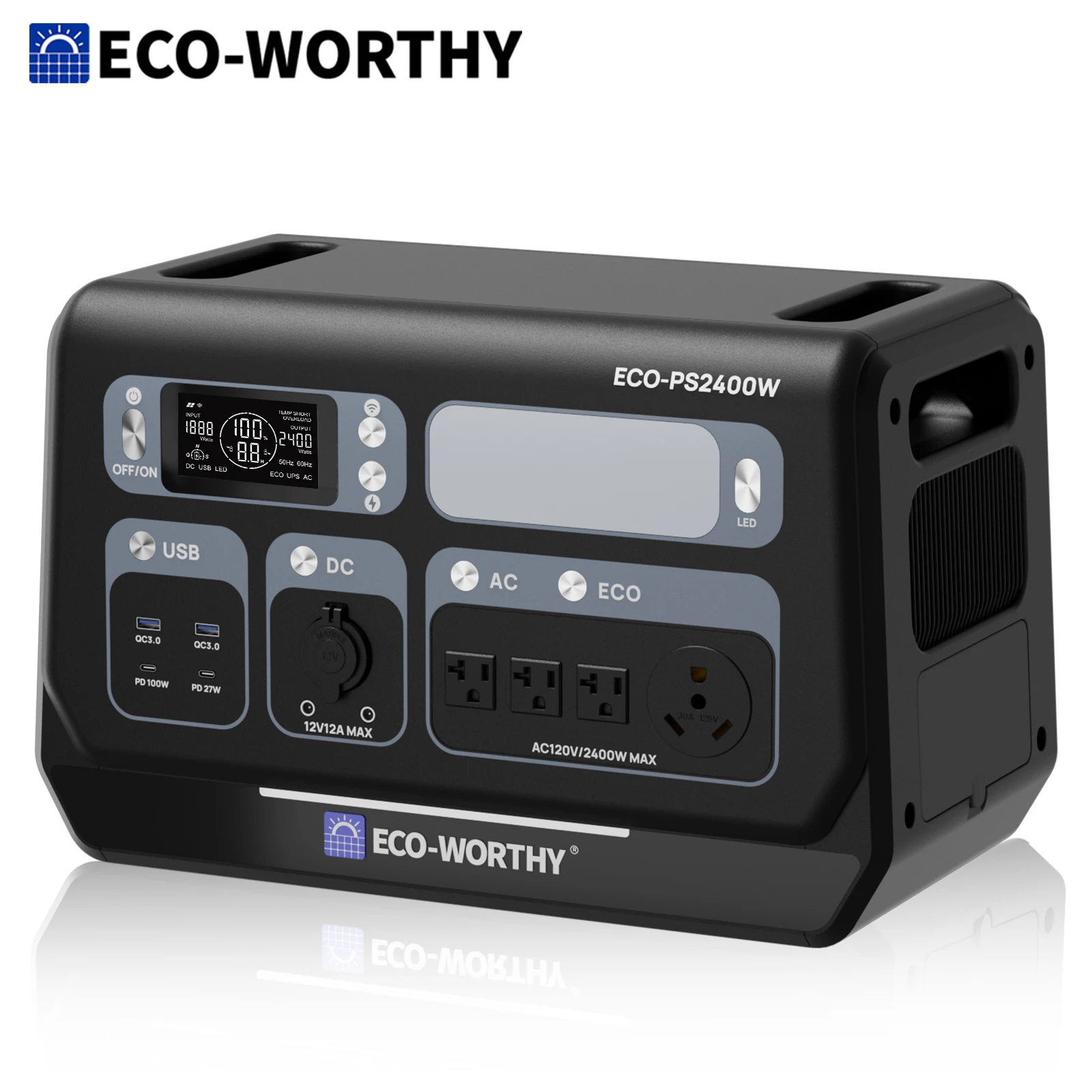 ECO-WORTHY PS 2400W Power Station 2048Wh LiFePO4 Battery, Solar Generator with 10 Outlets (4800W Peak) Wi-Fi and Bluetooth