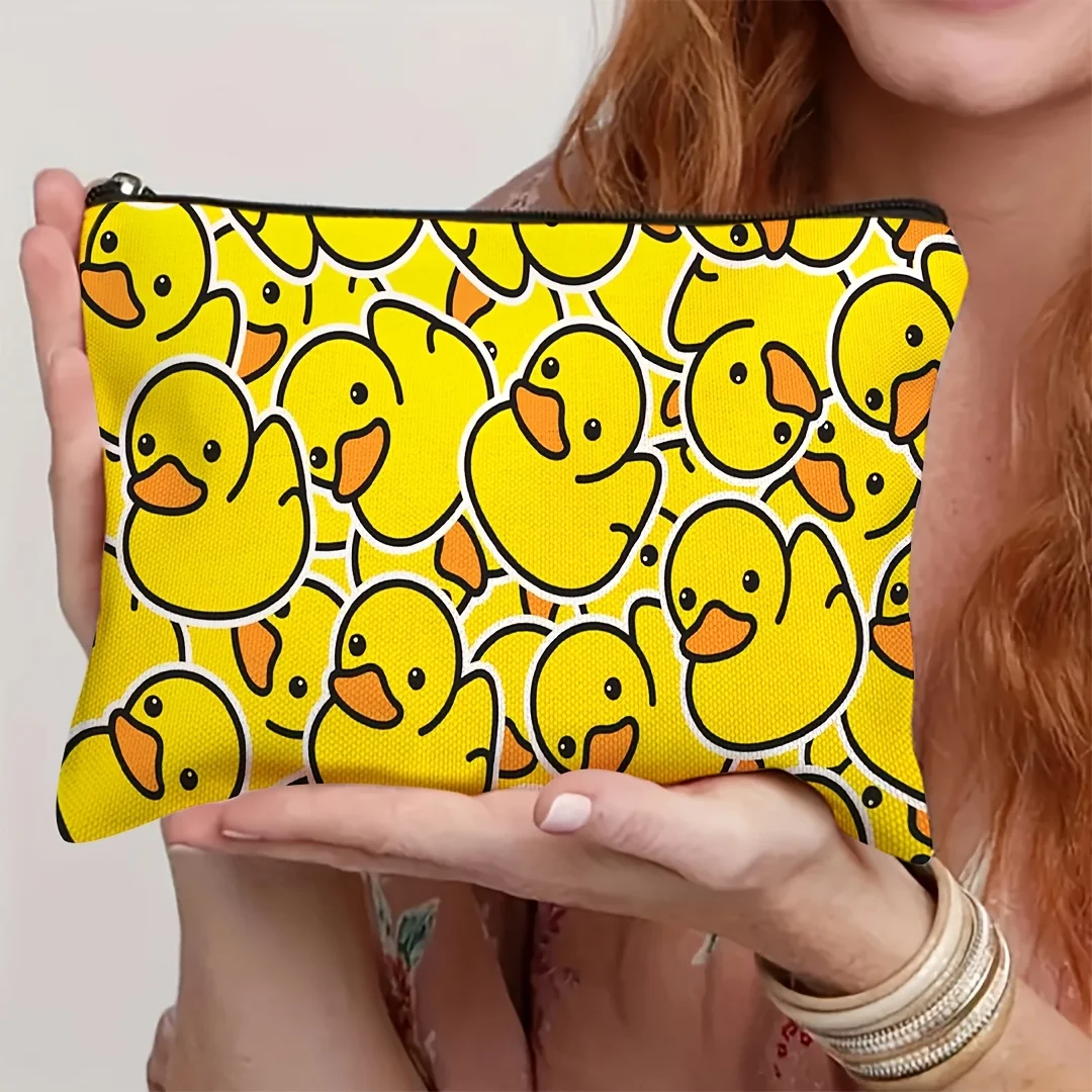 1Pc Cute Yellow Duck Retro Design Multifunctional Travel Makeup Bag, Snack Storage Bag, Stationery Storage Bag, Fashionable Toiletry Bag, Canvas Double-Sided Printed Zipper Pouch