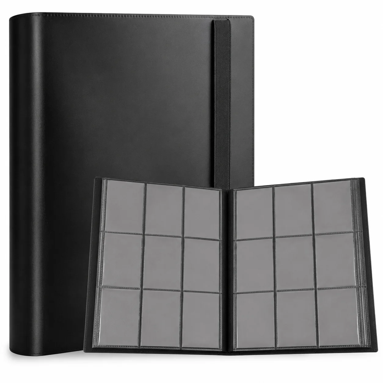Waterproof PU Leather Card Collection Album with 9 Separate Slots Holds up to 540 Cards Side Insert Trading Card Folder Elastic Strap Neat Stitching for Sports Game & Celebrity Photocards
