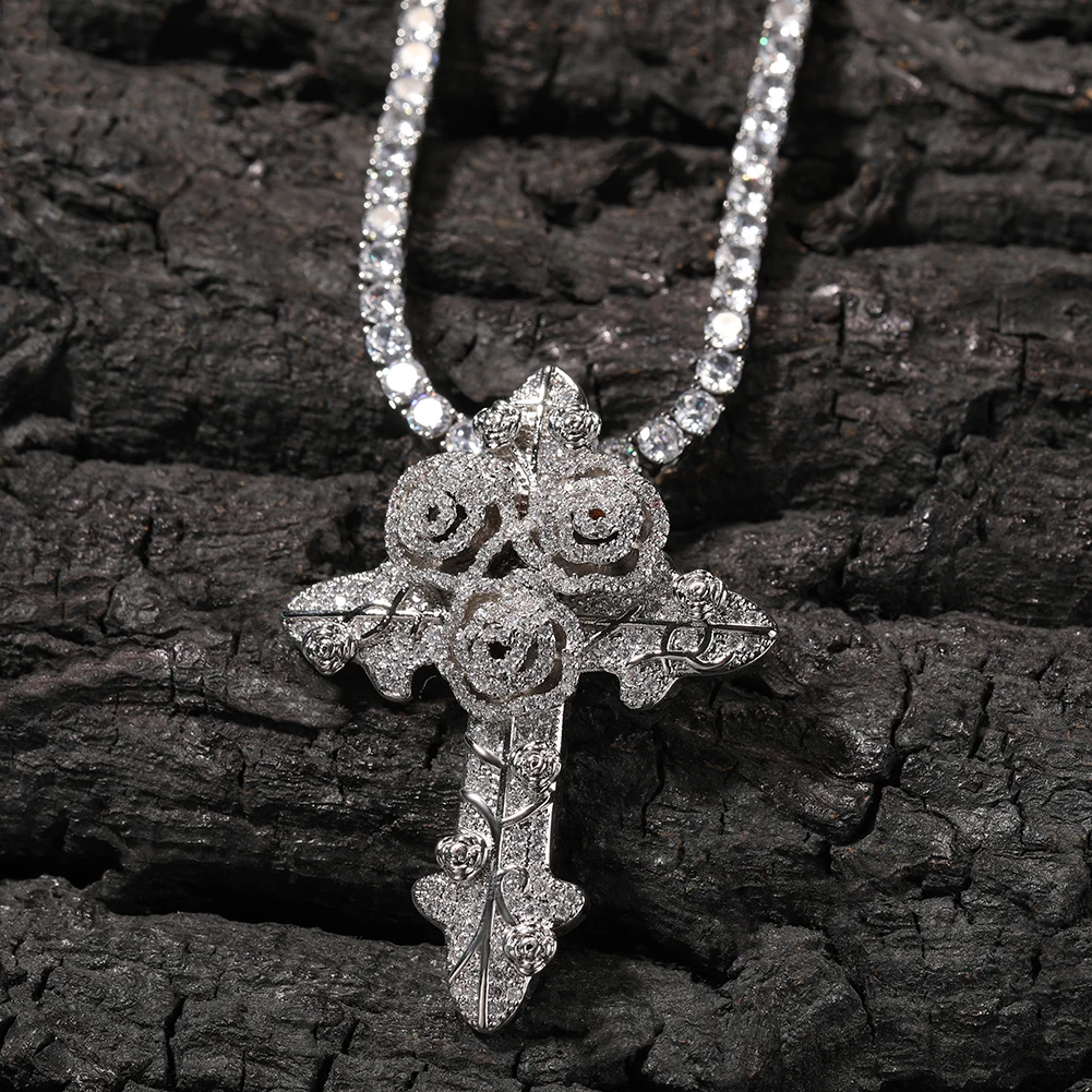 UWIN Iced CZ Crosses Pendant Necklaces Cubic Zirconia Blooming Roses Charms Fashion Punk Rapper Jewelry for Gift