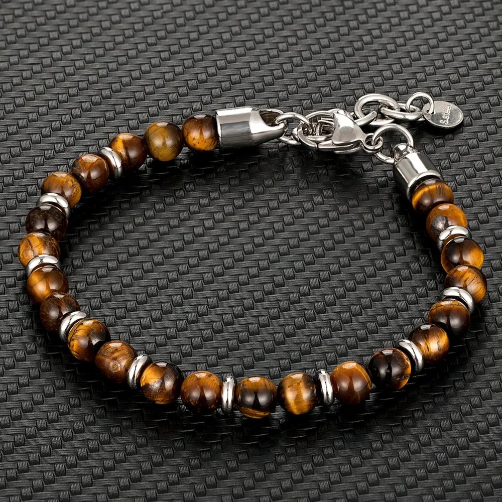 6mm Tiger Eye Beads Strand Bransoletki Mężczyźni Kobiety Urok Łańcuch ze stali nierdzewnej Kolorowa bransoletka z kamienia naturalnego Biżuteria męska Prezent Nowy — zdjęcie 2