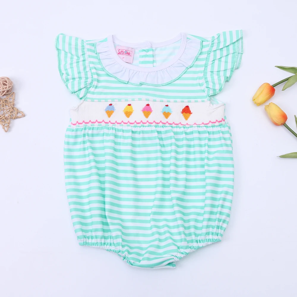 

Summer Ice Cream Embroidery Baby Girl Smock Wear Style Cotton Green Lace Sleeve Bubble Brown Children One Piece Romper For 0-3M