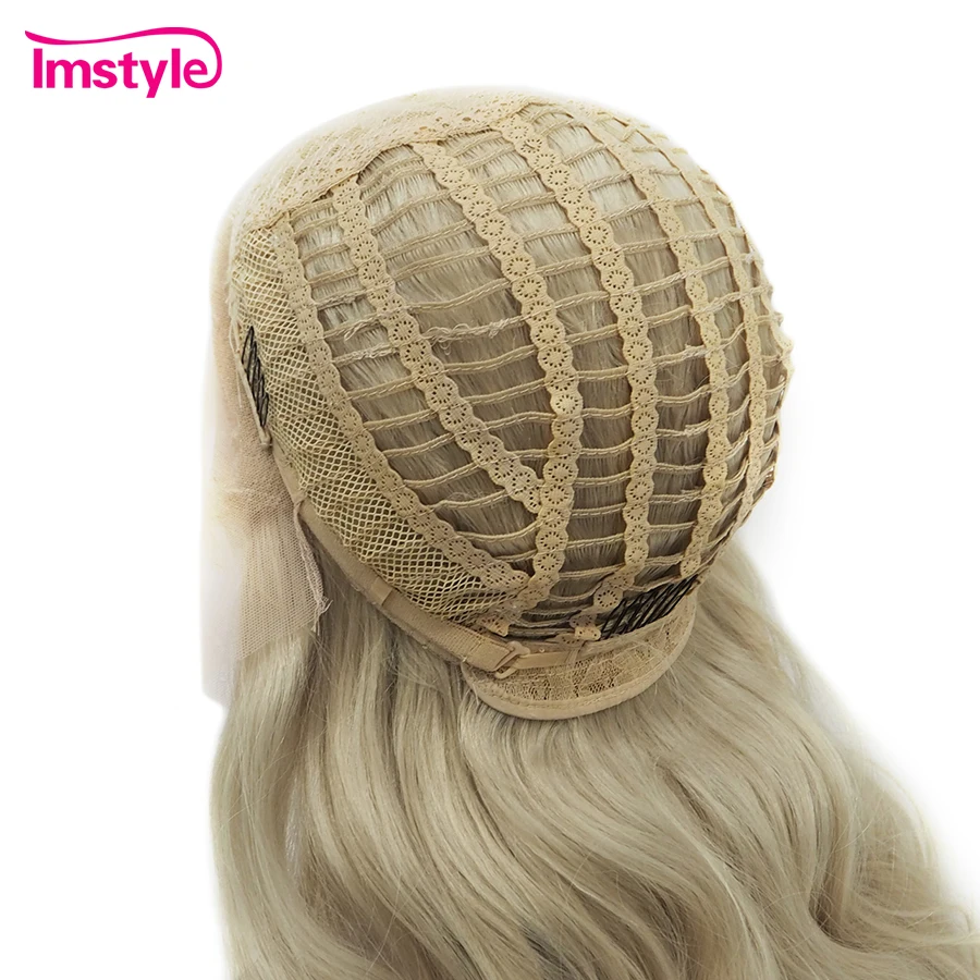 Imstyle-peluca rubia ceniza larga sintética con malla frontal para mujer, pelucas de encaje ondulado Natural, Cosplay diario, resistente al calor, 24 pulgadas