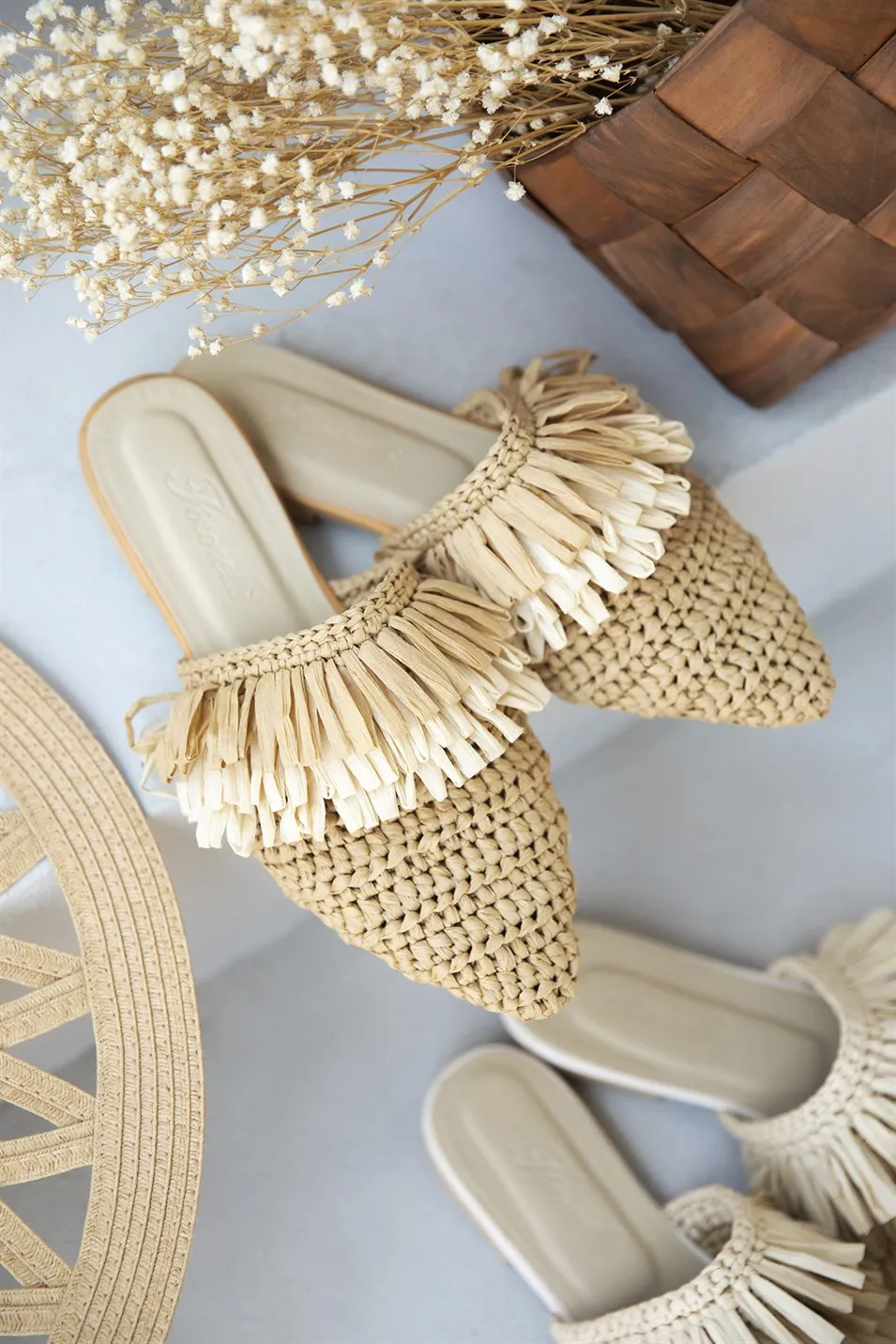 Straw Knitted Tassel Detailed Women's Slipper Summer Beach New Season Sandals for Ladies Pointed Toe High Quality Wicker Elegant