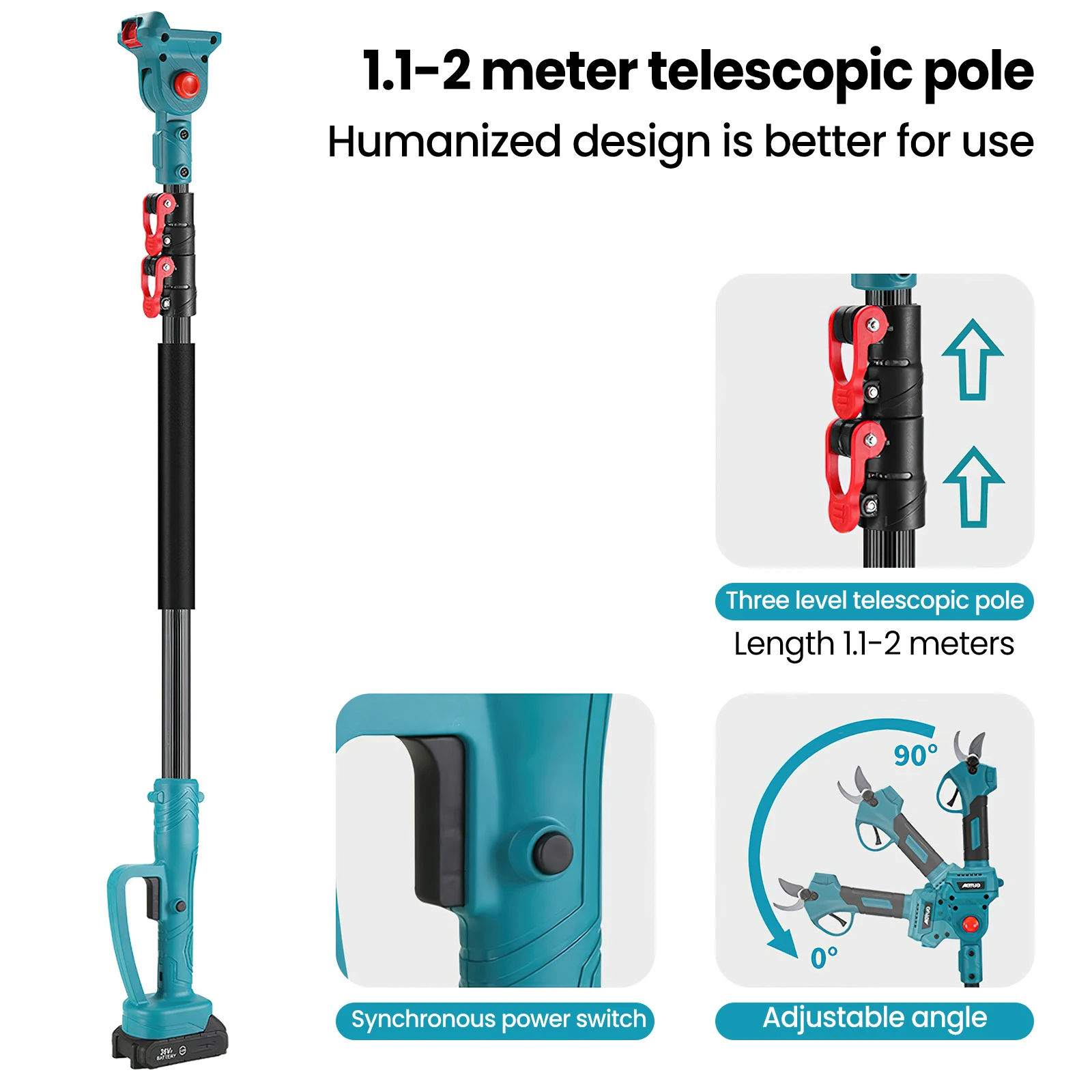 6-Zoll-Bürsten-Teleskopstange, elektrische Kettensäge + 2 m lange Astschere + 25-mm-Astschere, Gartenschere, Gartenschneidwerkzeug für Makita 21-V-Akku. – Detail 3