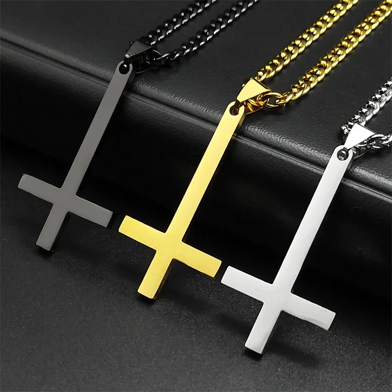 Collier gothique en acier inoxydable avec croix à l'envers pour hommes et femmes, croix inversée noire, chaîne masculine, bijoux col hombre 8374-QKC