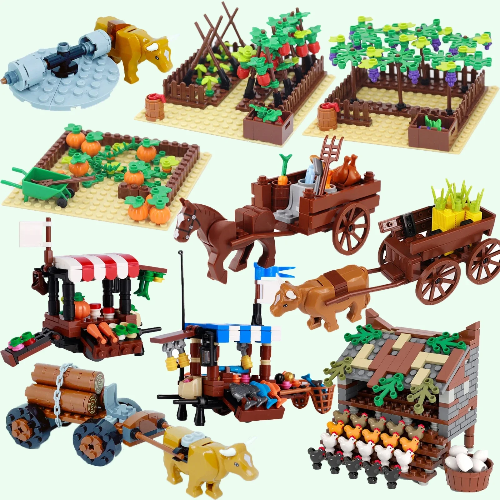 MOC – ensemble de ferme, blocs de construction, plante de culture, citrouille, cheval, cercle de vache Stable, animaux, ville, vue sur la rue, briques, modèle de jouets