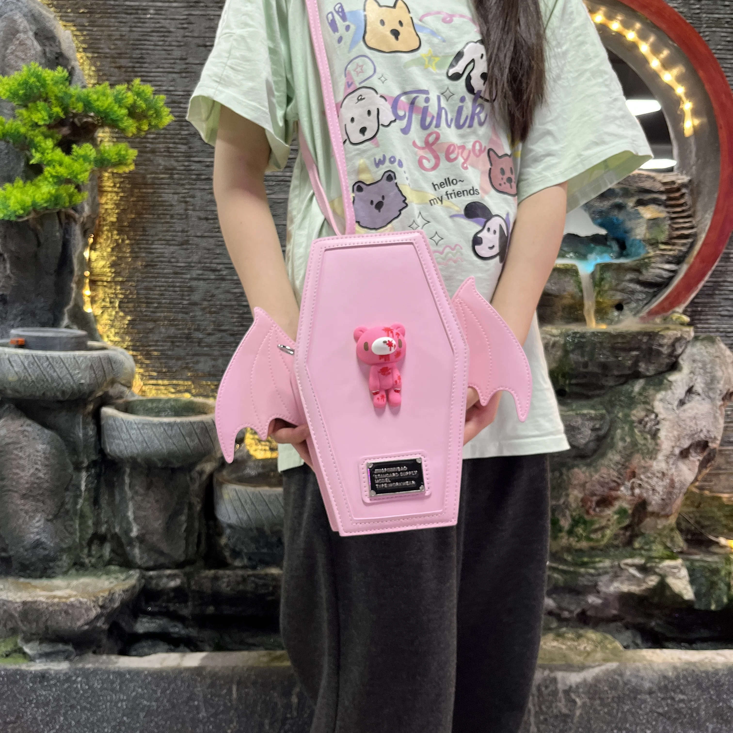 Gothic Coffin Shape Backpack Bat Wings Violent Bear Crossbody Bag Y2K Dark Lolita PU Leather Shoulder Purse Harajuku Girl Gift