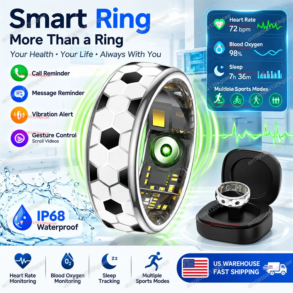 Football Smart Ring with Charging Box, Vibration Alert, Heart Rate Monitor, IP68 Waterproof, Outdoor Sport Fitness Tracker Ring Men Women US Fast Free Shipping