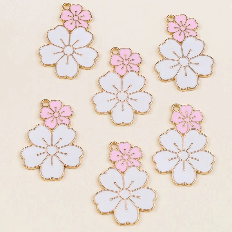 10 stuks roze Sakura bloemen bedels legering hangers emaille bedels voor DIY sieraden maken oorbellen sieraden accessoires - afbeelding 2