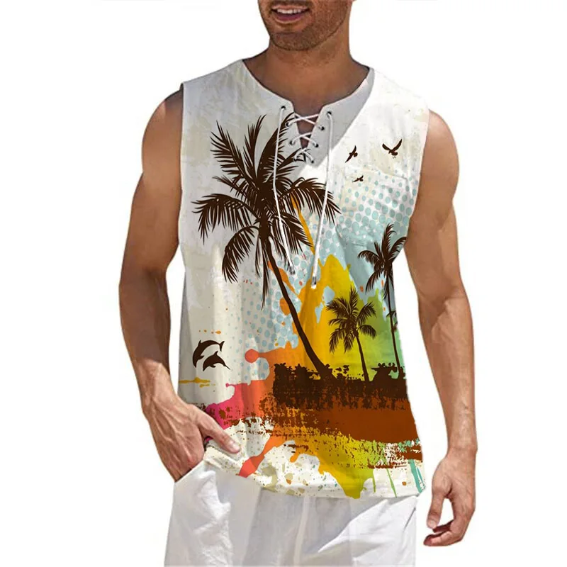 Fashion Men\'s Cotton Linen Solid Color Sleeveless Vintage Drawstring V-Neck Gym Top T-Shirt Summer Beach Street Casual T-Shirt