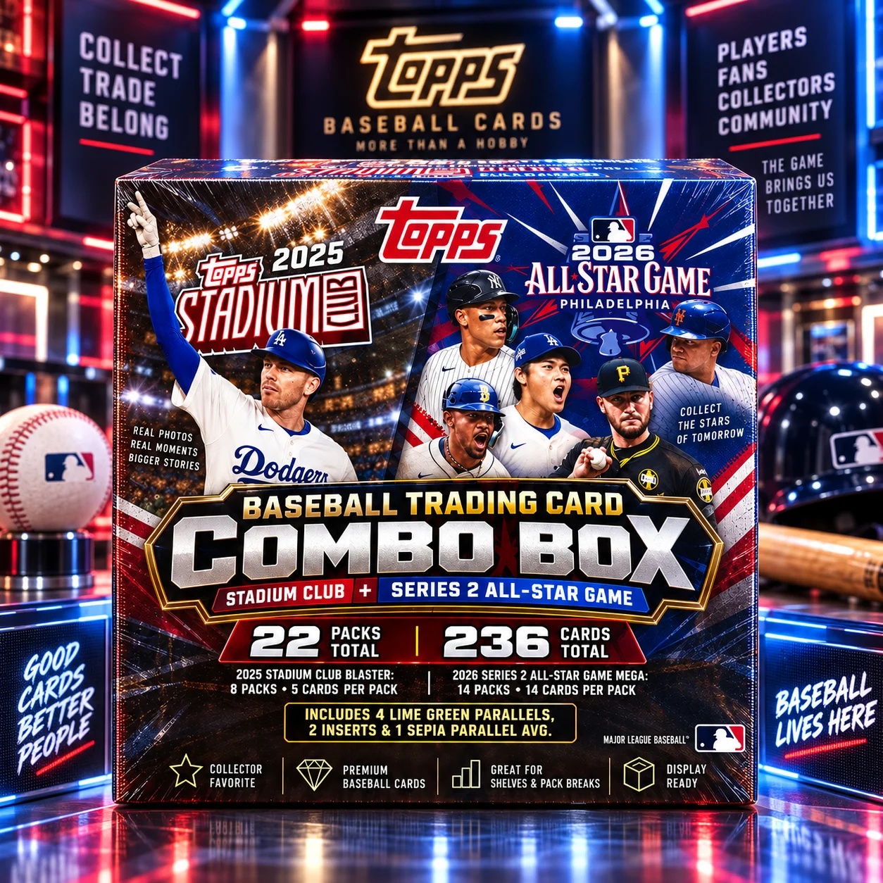 2025 Topps Stadium Club Baseball Blaster Box + 2026 Topps Series 2 Baseball All-Star Game Mega Box, 236 Cards Total Baseball Trading Card Bundle for Collectors, Hobby Collection, Display Shelves & Pack Opening Events