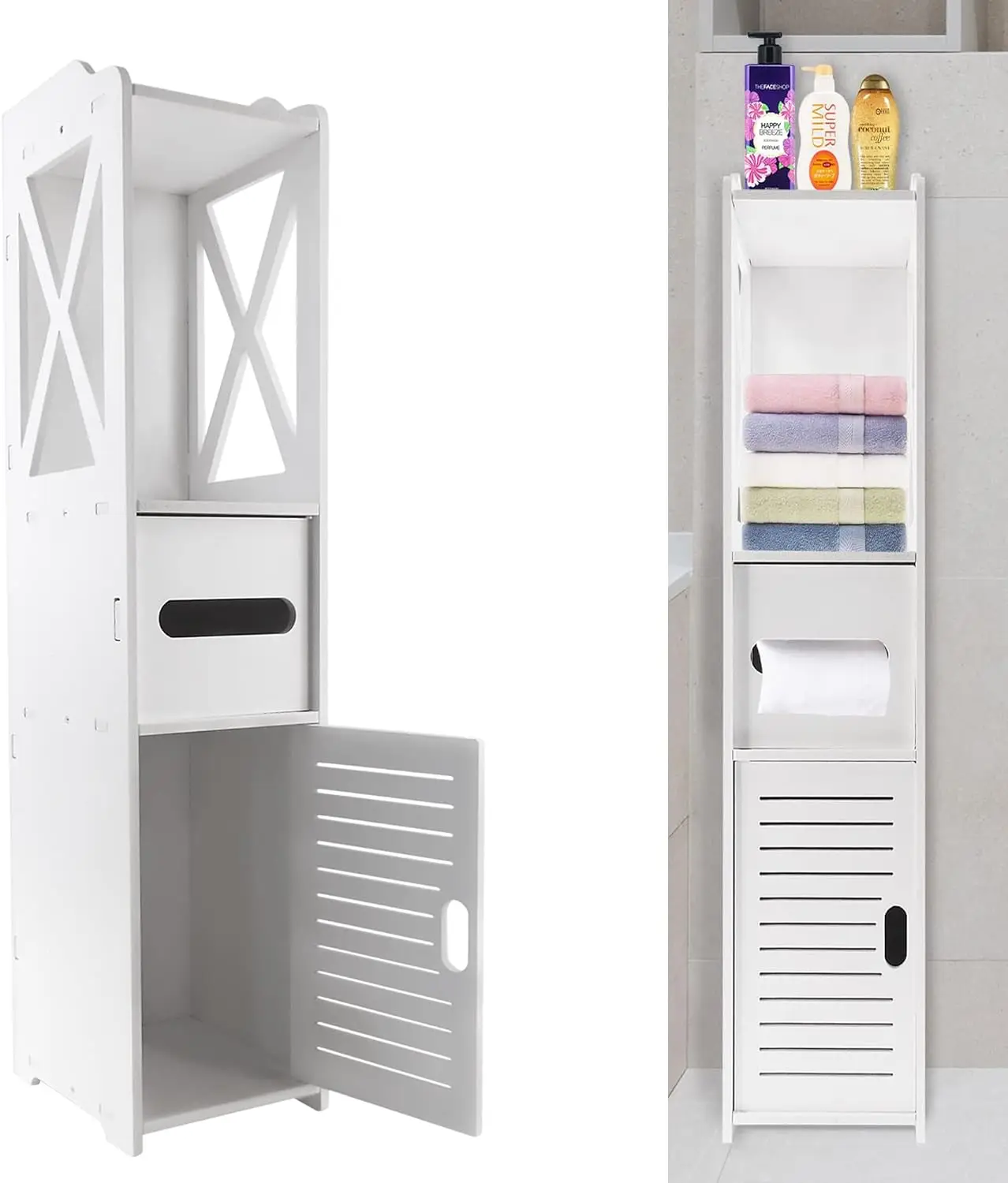 Armoire de salle de bain étroite et haute pour rangement de toilettes, armoire de rangement blanche étanche avec portes et étagères, armoire de rangement d'angle haute pour salon, chambre, toilettes, hauteur de l'étagère étroite 80 cm