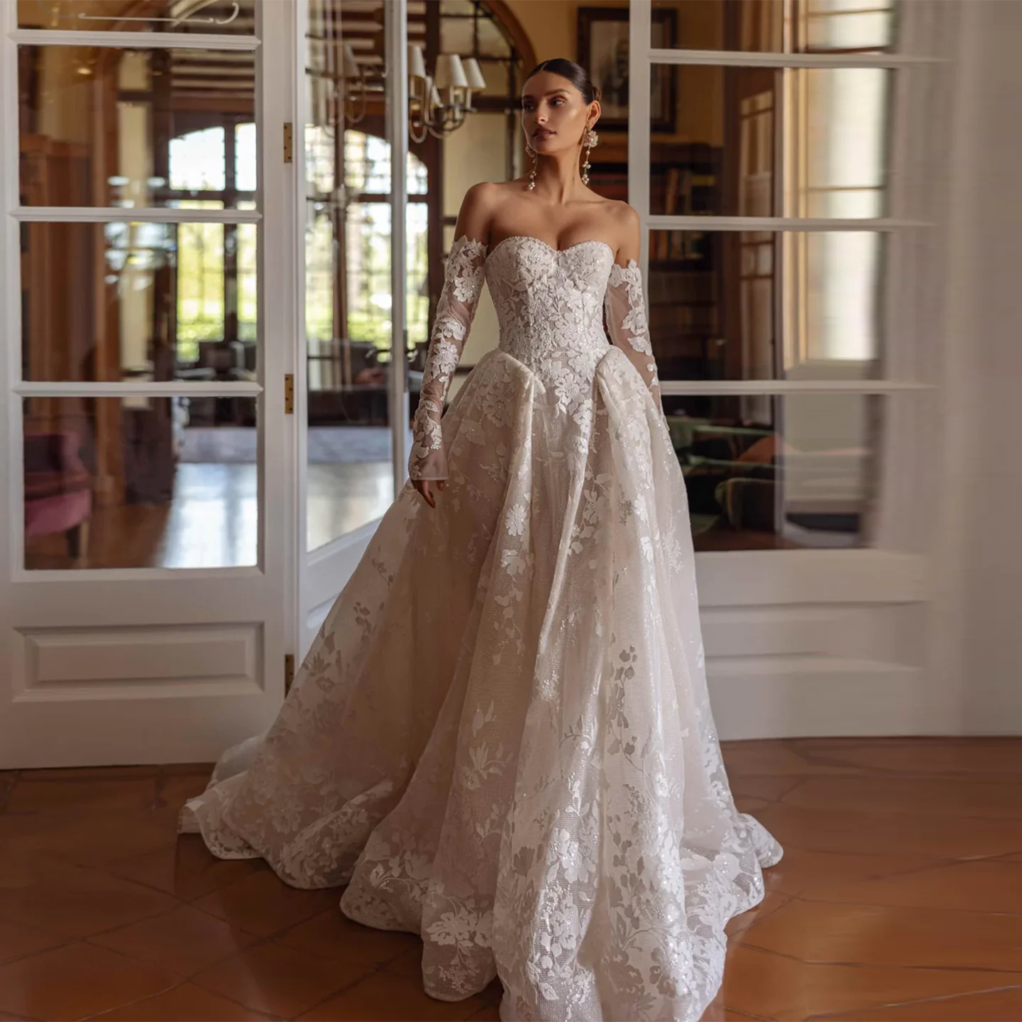 

Sharon Said 2025 Vintage A-line Off White Tulle Wedding Dress Long Sleeve Sweetheart Pearl Corset Bridal Gown SW405 Customized