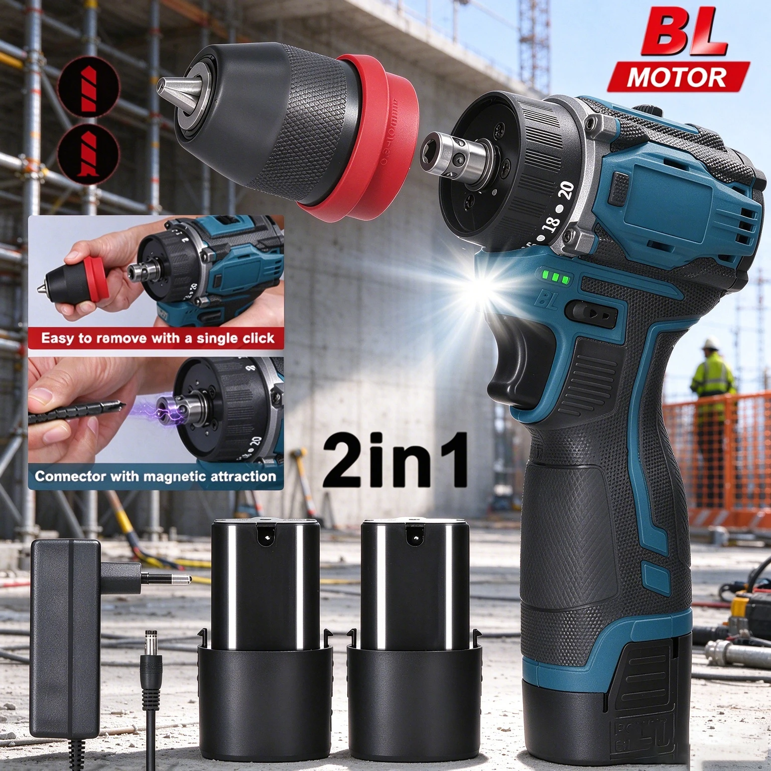 Taladro atornillador eléctrico 2 en 1 sin escobillas, 16,8 V, portátil, con batería de litio, 45 Nm de par motor, 3 interruptores de