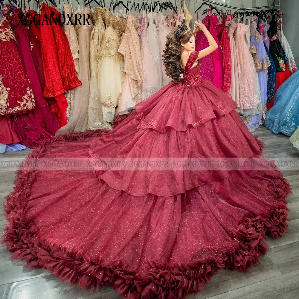 ที่กําหนดเอง Burgundy เจ้าหญิงบอลชุด Quinceanera ชุดชั้นยาวรถไฟเม็กซิโก Vestidos De XV Años 3D ดอกไม้หวาน 16 ชุด