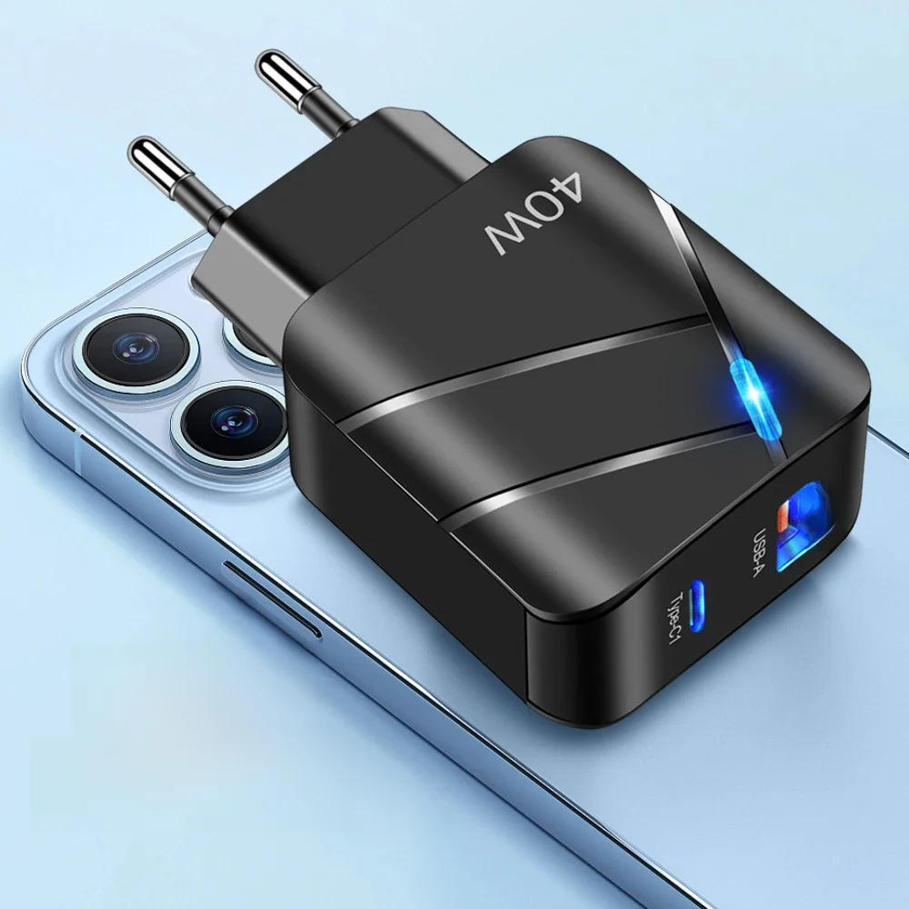 Adaptador USB C Carregador Rápido, 40W, PD, QC 3.0, Carregador de parede, Carregamento Rápido para