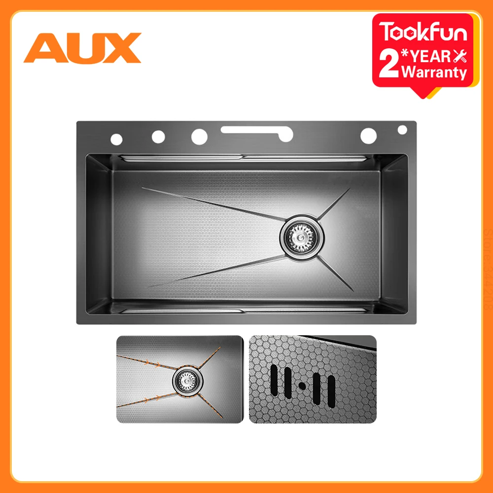 

AUX Integrated Kitchen Sink 304 Stainless Steel Dishwashing Sink Led 75*45cm Wash Vegetables 60cm Pull-Out Faucet 50L Capacity