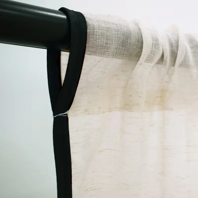 1pc White Sheer Curtains with Black Scalloped Trim, Light Filtering French Style Window Drapes for Living Room Bedroom