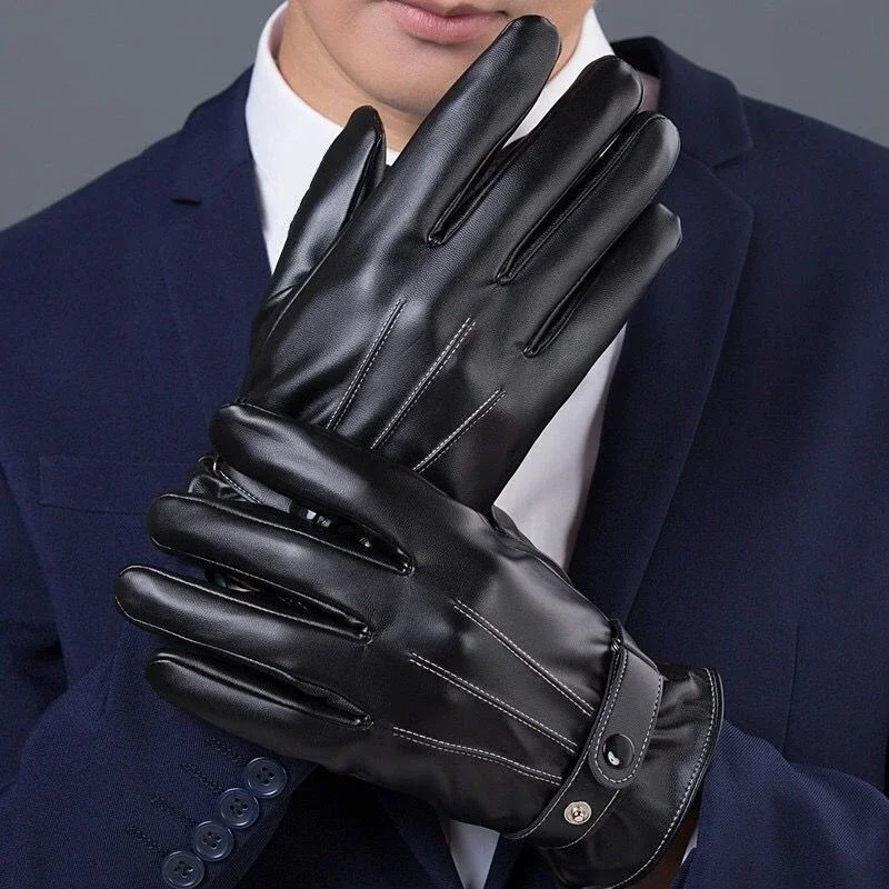 AliExpress Men Winter PU Leather Black Gloves Button Warm Mittens Outdoor Sports Driving Skiing Men's Windproof