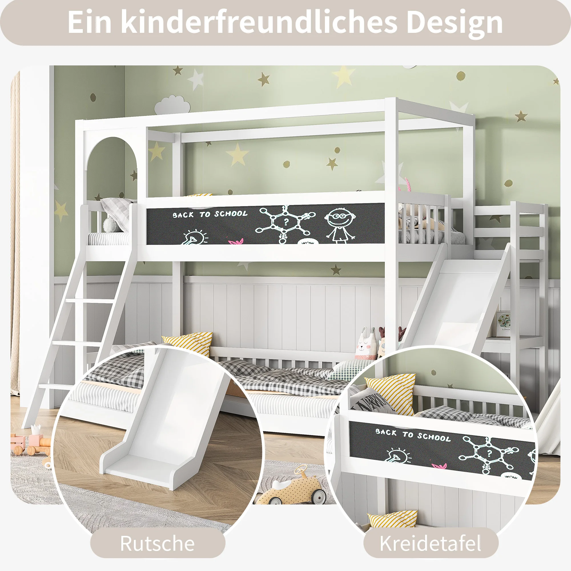 90x200cm Doppelbett mit Treppe und Rutsche, Bett mit Zaun, Bett mit Kinder tafel, umwelt freundliches Massivholz