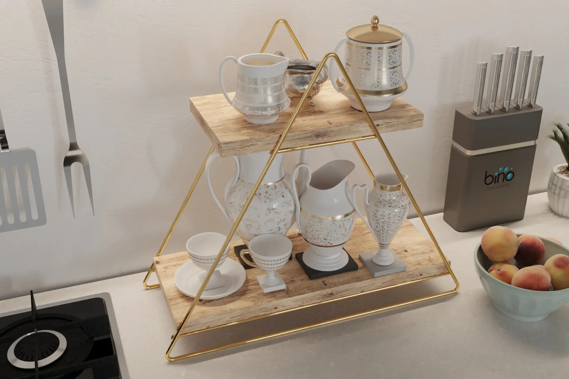 Decorative Countertop Organizer Rack Triangle Wooden Kitchen Bathroom Storage Shelf Cosmetic Display Shiny Plated Elegant Design