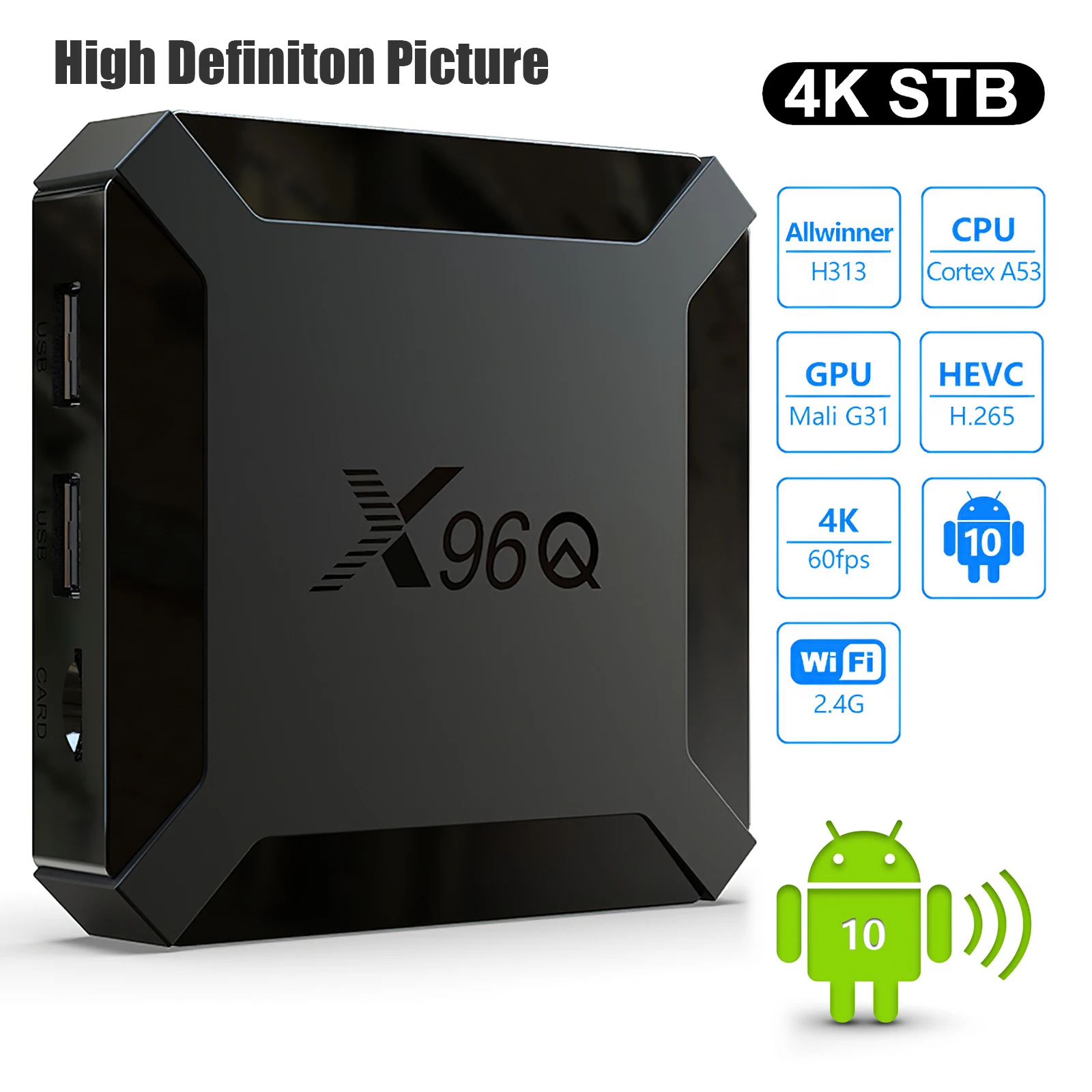 X96Q Smart TV Set Top Box Android 10.0 Allwinner H313 Quad Core 2.4G Wi-Fi 4K Media Player 2+16GB Smart TV Box EU Plug