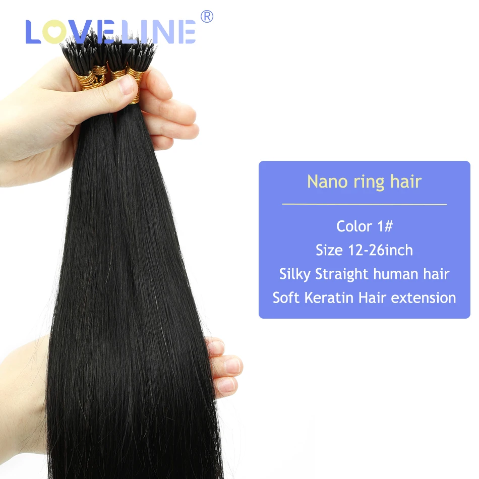 LOVELINE HAIR Nano Ring Hair Extensions Straight Human Hair Nano Tip Extensions 14-24inch 0.8g/strand Micro Bead Fusion Hair