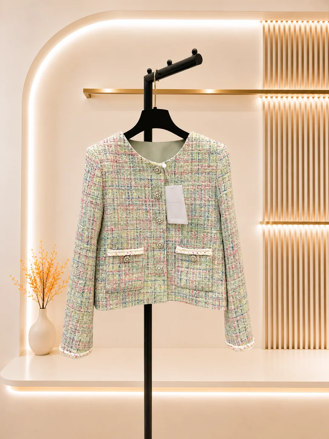 2026 Women Tweed Jacket Multi Yarn Woven Tweed Handmade Woven Edge Trim Carved Decorative Button Cropped Outerwear