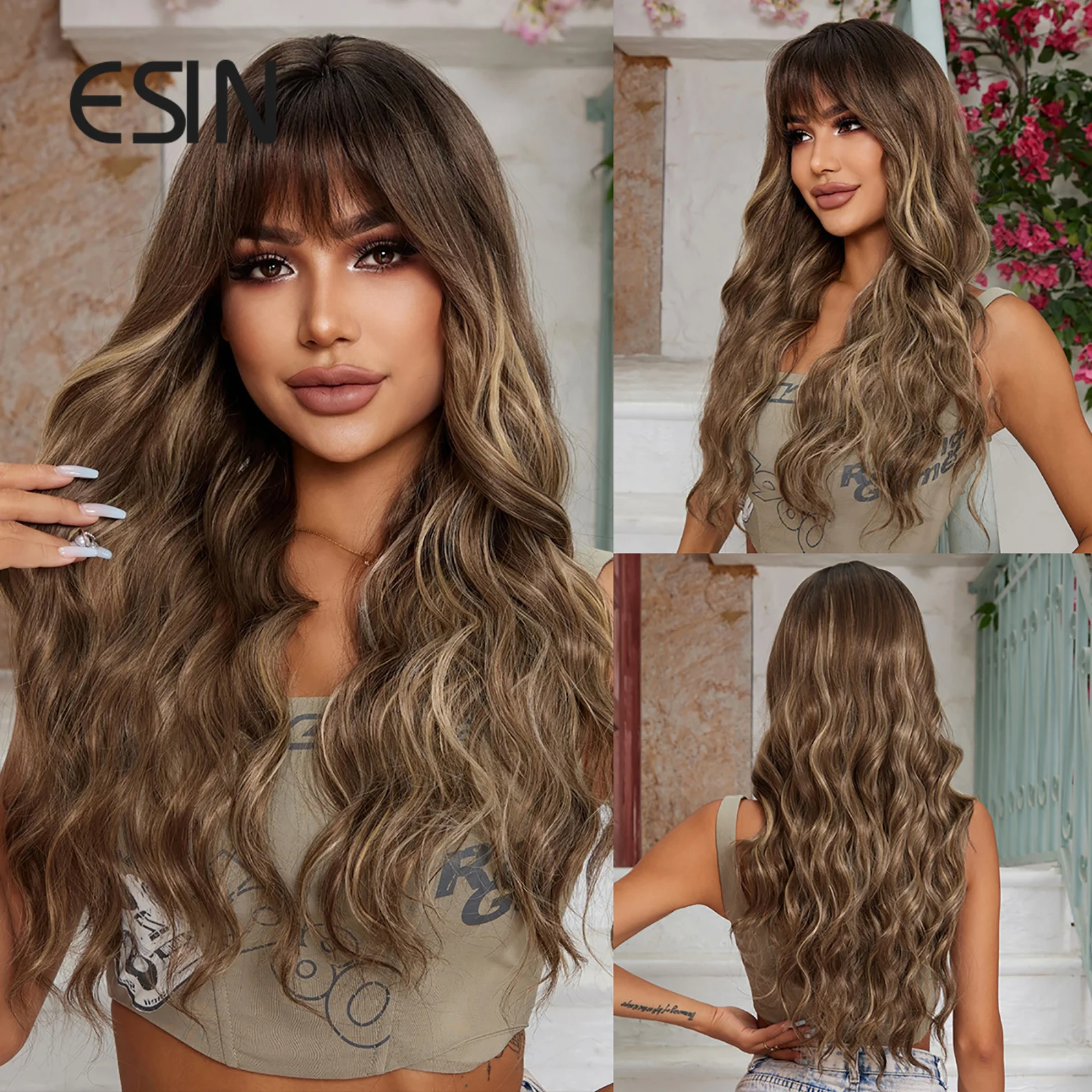 

ESIN Synthetic Blonde Long Wavy Wigs with Bang Ombre Black Wigs for Women Heat Resistant with Brown Root for Daily Party Cosplay