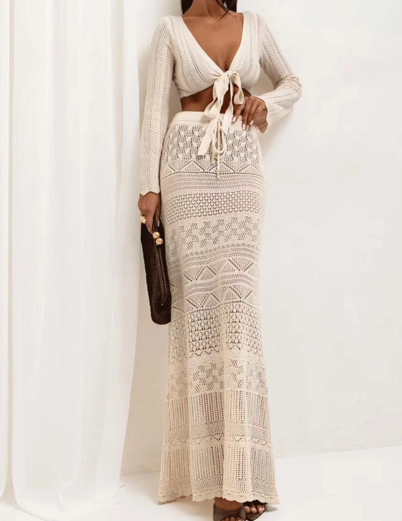 2-teiliges Langarm-Strickkleid für Strand, Damen, Häkel-Bikini-Vertuschung, sexy Schleife, Knoten, bauchfreies Top, hoher Taillenrock, Wickel-Badebekleidung für Damen