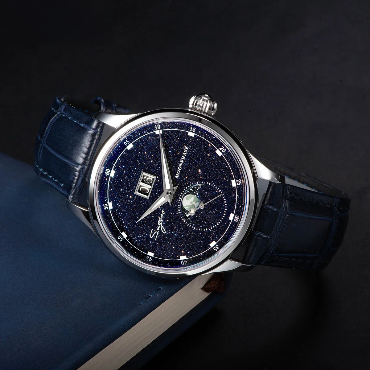 Sugess Moonphase Herrenuhr, 40 mm, automatische mechanische Armbanduhr, Seagul ST2528-Uhrwerk, blaues Sandstein-Zifferblatt aus Edelstahl