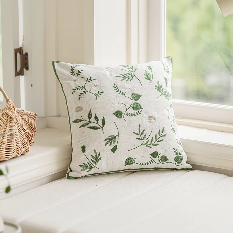 Embroidered Leaves Cushion Cover, Green Plant, Linen, Wild Flower, Dandelion, Chic, Sofa, Bed, Chair, Living Room, 45x45, 30x50