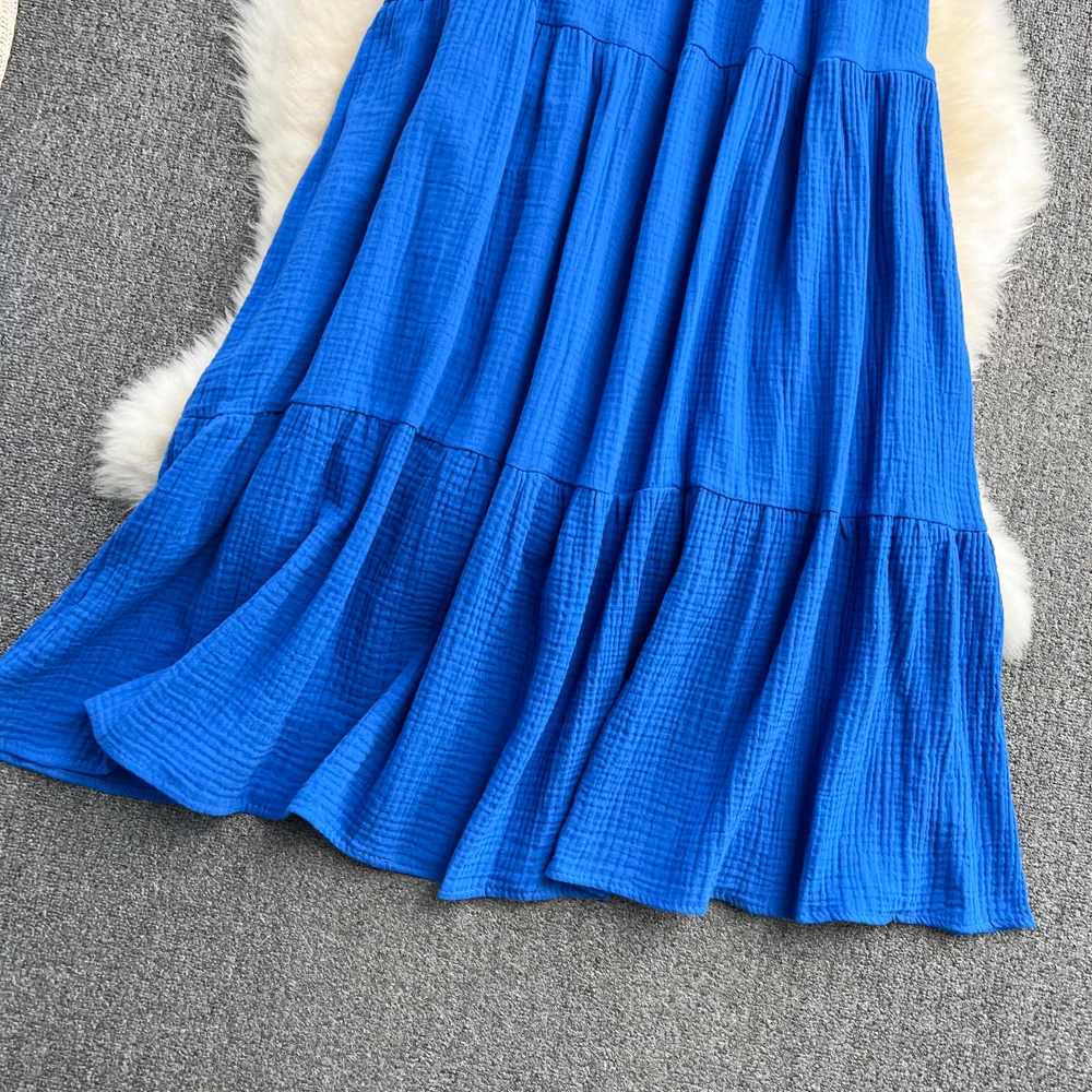 Clothland ผู้หญิง Elegant Blue Cami ชุดปรับสายคล้องคอ Backless ตรงหญิง Midi Dresses Vestido QB252