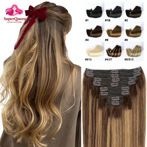 4/27 Highlight Color Clip In Hair Extensions Full Head 8Pcs/Set Human Hair Extensions Long Straight Human Hair 120G Clip Ins