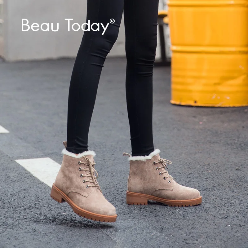 Beau Today Ankle Women Snow Boots Pig Suede With Warm Wool Inside Lace-Up Round Toe For Ladies Winter Platform Shoes A03281