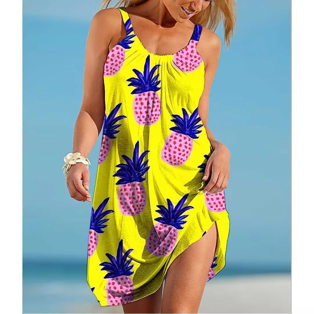 Women O Neck Sleeveless Dress Boho Solid Beach Sundress Tropical Fruit Print Fashion Sexy Beach Casual Resort Wear Hawaii Summer