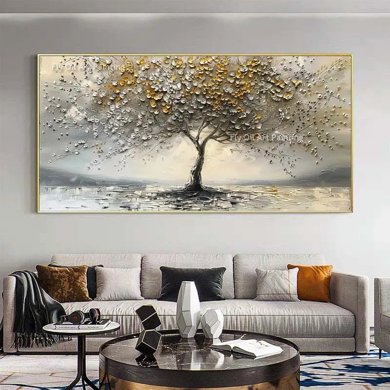 Luxury Gold Foil White Gray Thick Abstract Oil Painting Hand Painted White Flowers Tree Landscape Canvas Wall Art  Room Decor