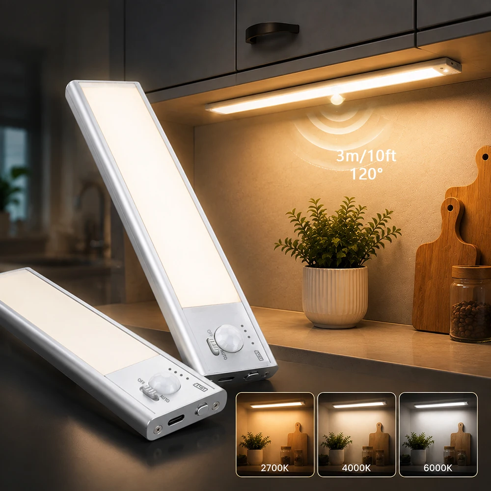 2er-Pack Wiederaufladbare LED-Unterbauleuchten mit Bewegungssensor, Magnetisch, Kabellos, USB-C, Dimmbar, für Küche, Schrank, Schlafzimmer, mit 3 Farbtemperaturen