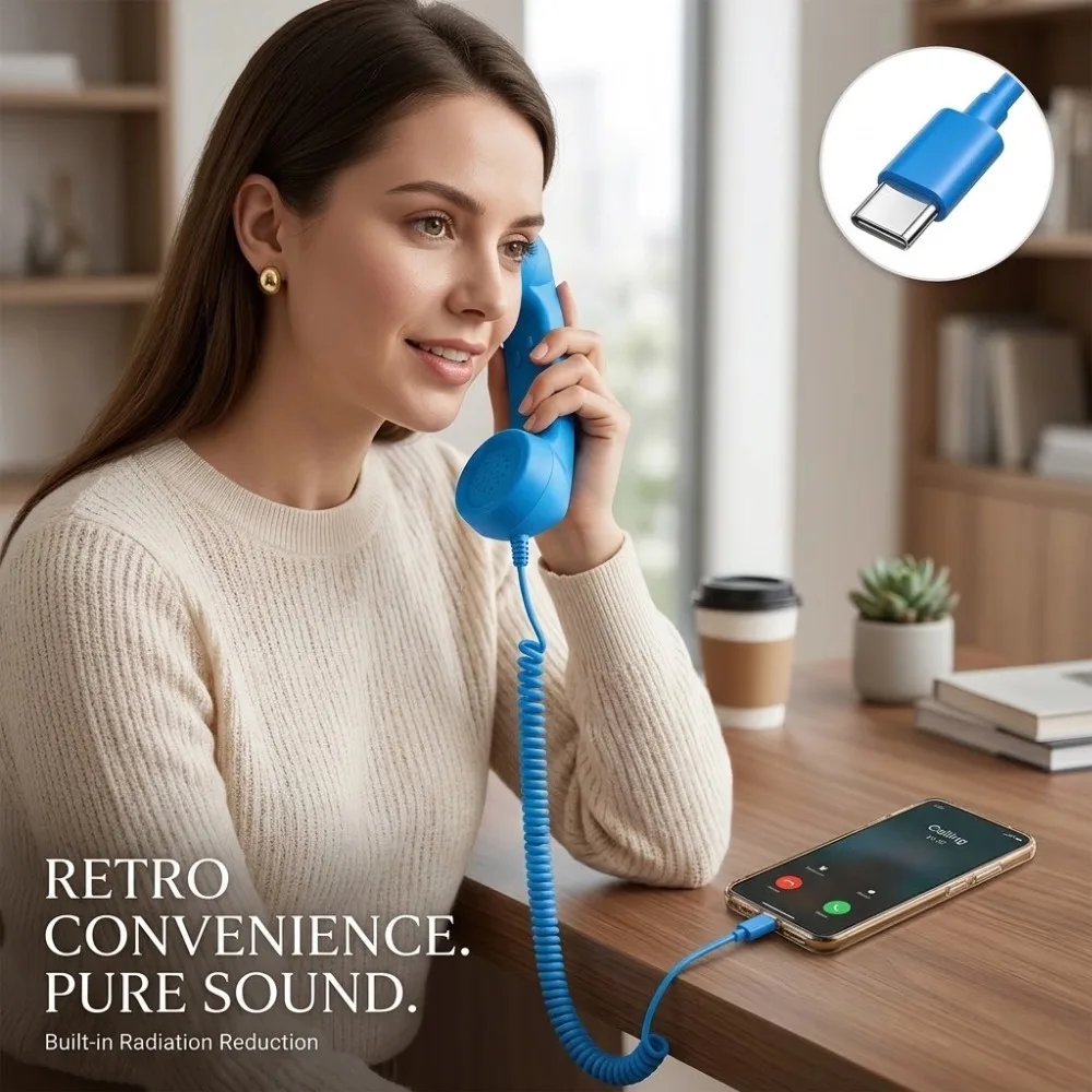 Vintage Phone Handset For Smartphone With Answer Volume Button Type-C Retro Telephone Receiver Anti-radiation Handset