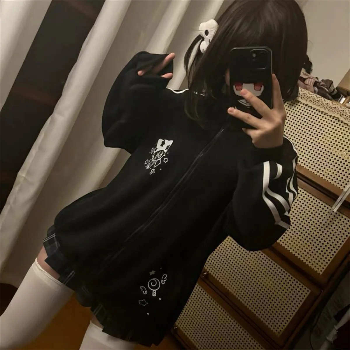 Preppy-Style Mode Niedliche Japanische Reißverschluss-Strickjacke Harajuku Punk Grunge Lockerer Umlegekragen Y2k Hoodies Lässige Sweatshirts – Detail 3