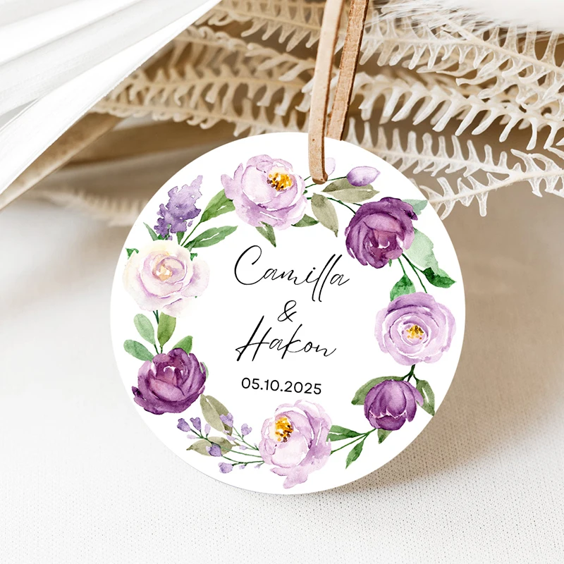 Personalized Wedding Tag,1.5-3inchs Thank You Tags,Custom Names & Date Lavender Purple Gift Candy Favors Round Tags